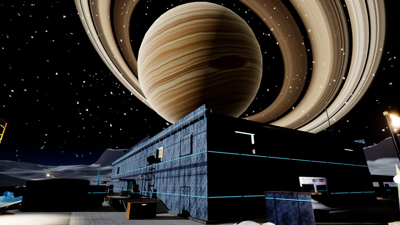 Frostline Mall under a huge ringed gas giant
