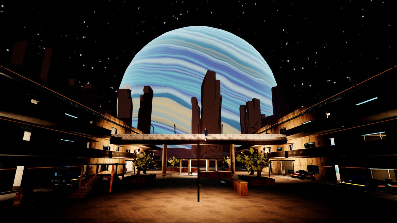Tower 9's courtyard and skybridge in front of a blue gas giant